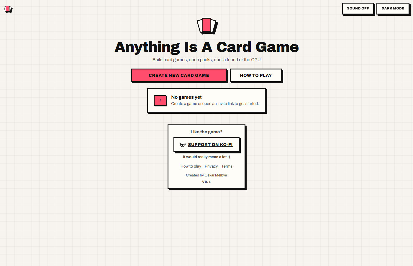 Anything Is A Card Game homepage (light mode) — create card games, open packs, and duel