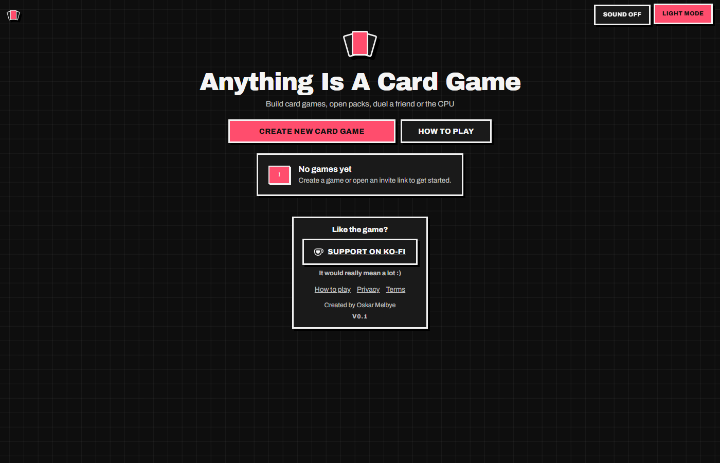 Anything Is A Card Game homepage (dark mode) — create card games, open packs, and duel